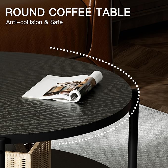 Coffee Table, 2 Tiers Round Coffee Table, Black Modern Coffee Table for Living Room, Small Space Friendly (Sturdy Metal Frame, Easy Assembly) 27.5x17.7in