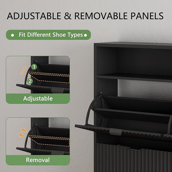 Xixini Shoe Cabinet with 4 Flip Drawers, 46" Tall Narrow Fluted Shoe Storage Organizer for Entryway, Hidden Slim Wooden Shoe Rack Cabinet for Front Door Entrance, Hallway, Living Room, Solid Black - Image 3