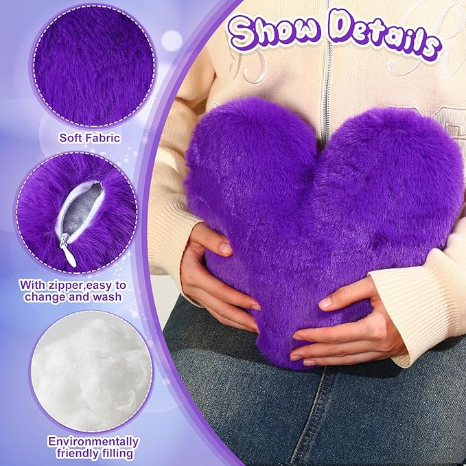 Marsui 2 Pcs Heart Throw Pillows, Soft Fluffy Faux Fur Decorative Hearts Shaped Pillows for Living Room Sofa Bed, Cute Heart Themed Gift for Women(Royal Purple,11.81 x 11.02 Inch)