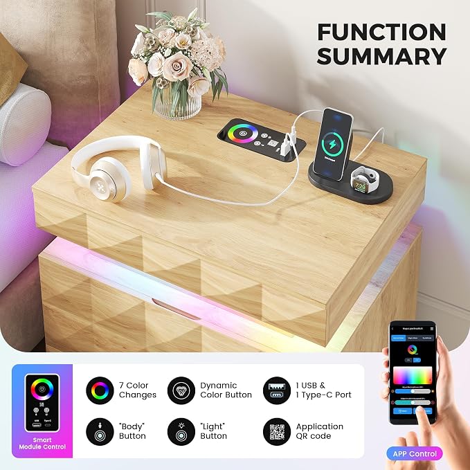 Dystler LED Nightstand with Charging Station,3 Drawers Night Stand with Lockable Hidden Storage,Smart Bedside Table with Human Sensor RGB Lights for Bedroom,Wood - Image 3