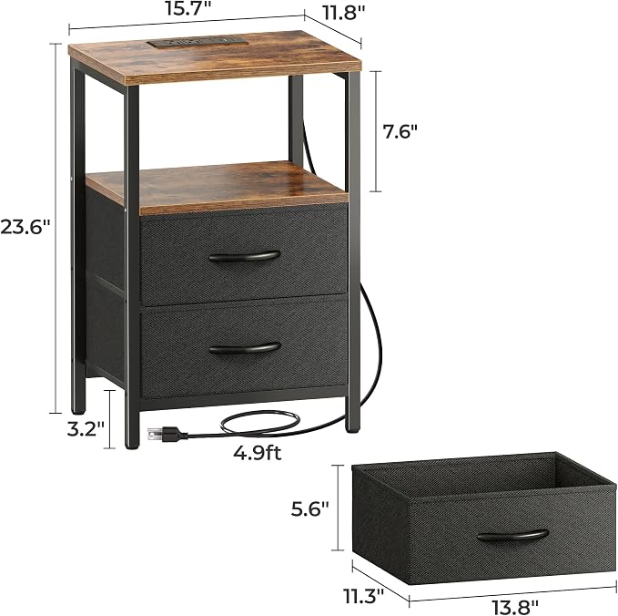 Huuger Nightstands Set of 2, End Tables with Charging Station, Side Tables with Fabric Drawers, Bedside Tables with USB Ports and Outlets, Night Stands for Bedroom, Rustic Brown and Black - Image 2