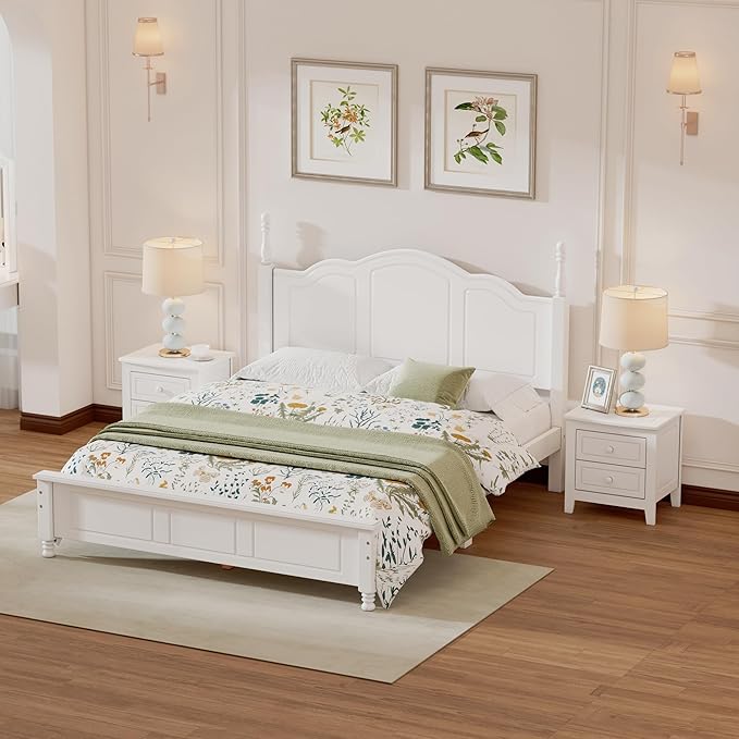 Harper & Bright Designs 3-Piece Queen Bedroom Set, Retro Style Wooden Bedroom Furniture Set with Queen Size Bed Frame and Two Nightstands for Kids Teens Adults Bedroom, White
