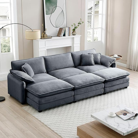 KEIKI 115" Oversized Corduroy Modular Sectional Sofa with 3 Ottoman, High-Density Foam Cushions, Removable Armrests, Upholstered 3-Seater Fluffy Corner Couch with 5 Pillow, for Living Room, Grey