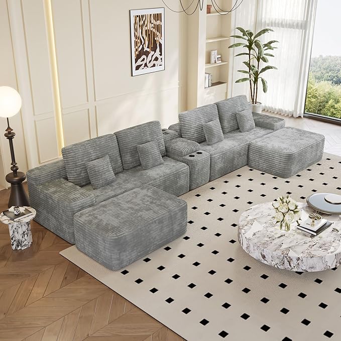 KEIKI 150" U-Shaped Oversized Corduroy Modular Sectional Sofa with 2 Ottomans and Multi Functional Console, 6-Seater Upholstered Couch with USB and 2 Cup Holder, Easy Assembly, for Living Room, Grey