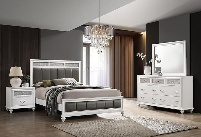 Coaster Home Furnishings Barzini Modern Classic 4-Piece Bedroom Set Leatherette Upholstered Eastern King Size Panel Bed Frame 56-inch Headboard White 205891KE-S4