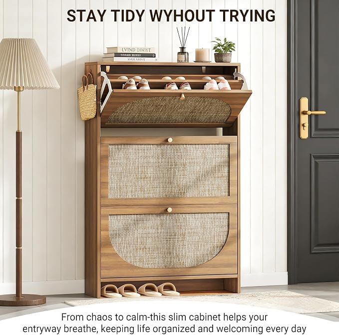 Nicetree Rattan Arched Accent Shoe Storage Cabinet - Freestanding Ultra Slim for Entryway, 3 Flip Drawers & 3-Tier Adjustable Shelves, Farmhouse Modern Rustic Shoe Rack for Hallway, Foyer, Living Room - Image 6
