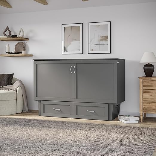 AFI, Chelsea Mid-Century Modern Queen Solid Wood Murphy Bed Chest with 6" Mattress, Storage Drawer & Built-in USB Charger, Grey