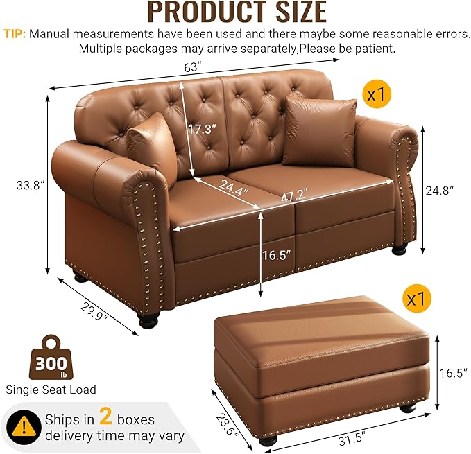 KEIKI 63" Faux Leather Chesterfield Sofa with Rolled Arms & Nailhead Trim & 1 Ottoman, 2-Seater Button Tufted Couch with High Resilience Cushion & 2 Pillow, Easy Assembly, for Living Room, Brown