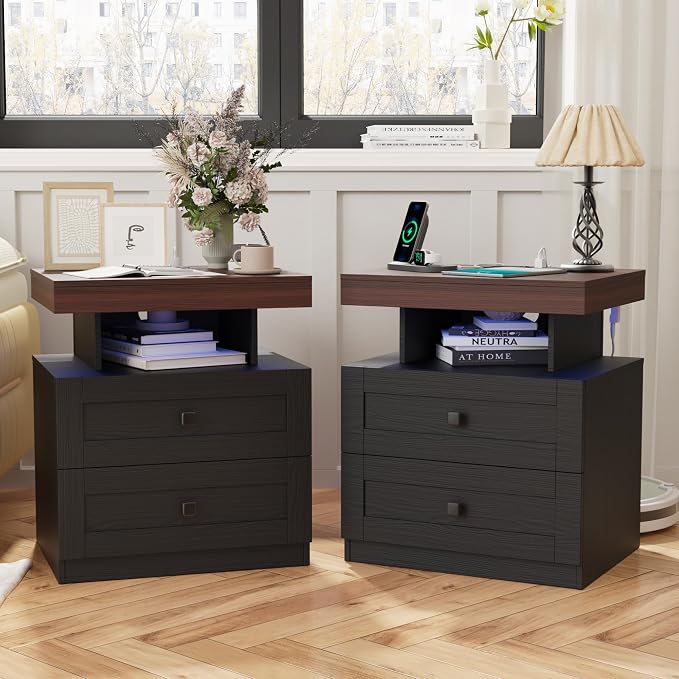 MHOM Farmhouse LED Nightstand Set of 2, Wood Bedroom Side Table with Charging Station, Rustic End Table with Drawers for Bedroom, Antique Black by MHOM