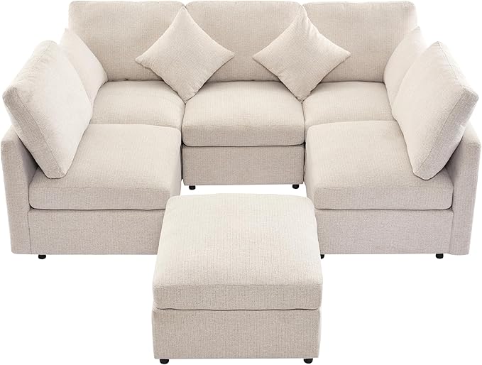 Eafurn 6 Seater Reversible Modular Sectional Sofa Convertible Sleeper Couch Bed, Free Combination Chenille Upholstered Corner Sofa Couches with USB Ports and Detachable Cushions (Beige)