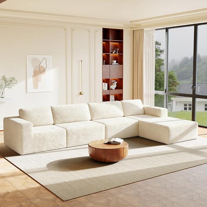 Vesgantti 159" Large Modular Sectional Sofa, L-Shaped Corduroy Cloud Couch with Deep Seats & Spring Support, 4-Seater Boneless Sofa with Movable Ottoman, No Assembly Needed, Beige