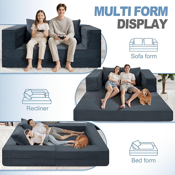 Futon Sofa Bed with Pillow, 3-in-1 Sleeper Sofa Bed with Removable Cover, Convertible Floor Sofa Bed, No Assembly Boneless Couch for Living Room, Bedroom