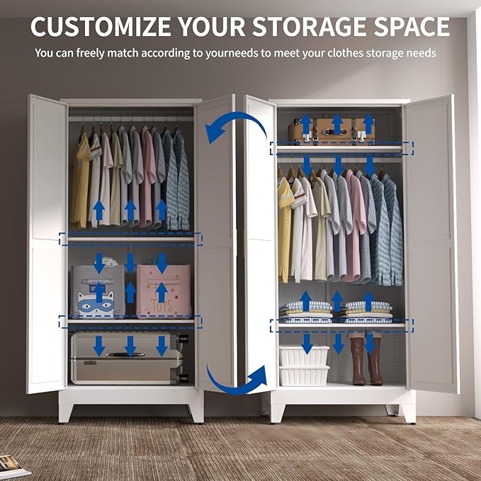 71" Heavy Duty Steel Armoire Wardrobe Closet, White Metal Clothing Storage Cabinet with 2 Magnetic Doors & Adjustable Shelves, Waterproof Hanging Rod Cabinet for Bedroom Gym Laundry Room
