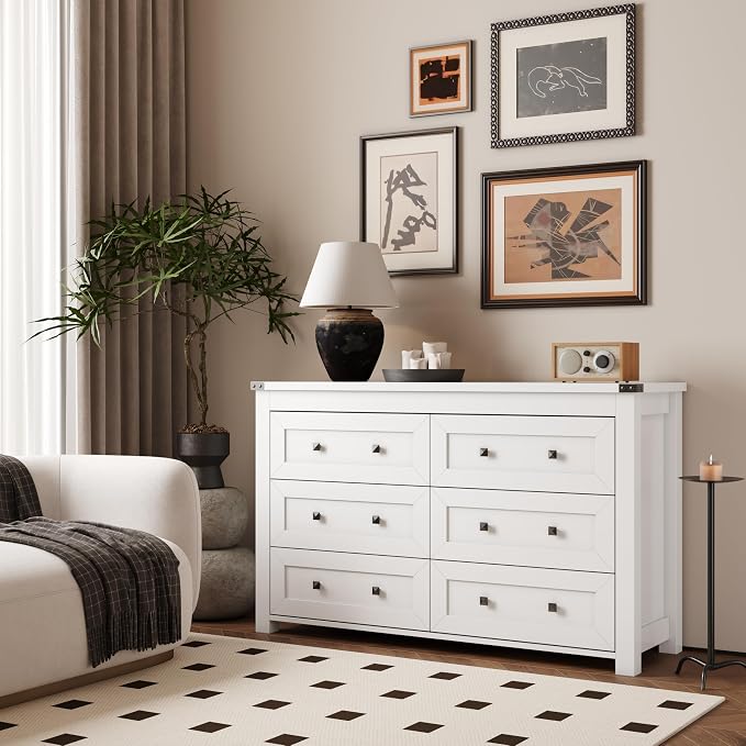 Dresser for Bedroom with 6 Drawers, Farmhouse Wood Chest of Drawers, Wide TV Stand Closet Storage Furniture with Metal Handle, Modern Clothes Organizer for Hallway, Living Room, Entryway, White - Image 2