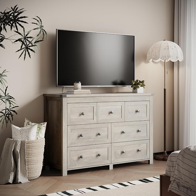 Dresser for Bedroom with 7 Drawers, Farmhouse Wood Chest of Drawers, Wide TV Stand Closet Storage Furniture with Metal Handle, Modern Clothes Organizer for Hallway, Living Room, Entryway, Light Grey - Image 6