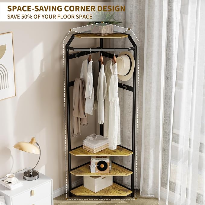 IDEALHOUSE Corner Coat Rack With Shoe Bench and 6 Double Hooks, Corner Hall Tree - Clothes Rack With Storage Hall Tree With Organizer Shelf for Entryway, Hallway, Closet (02-Rustic Brown) - Image 4