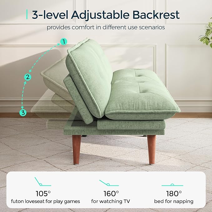 LINSY HOME Futon Sofa Bed, 70" Chenille Futon Couch with Adjustable Backrest Armrest, 3 in 1 Convertible Comfy Loveseat Sleeper Sofa Bed for Small Spaces Dorm Room Apartment Home Office, Light Green