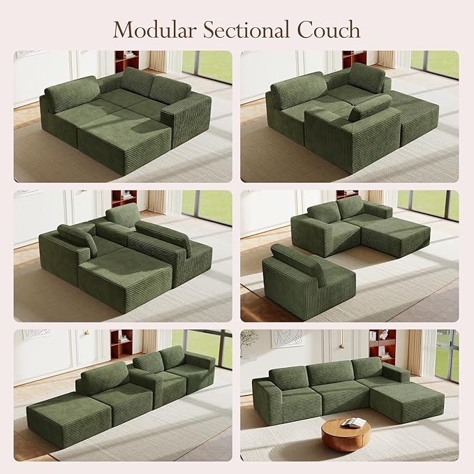 Vesgantti 119" L-Shaped Modular Sectional Sofa, Corduroy Cloud Couch with Deep Seating & Spring Support, Flexible Layout Sofa with Ottoman, Boneless Style, No Assembly Required, Green