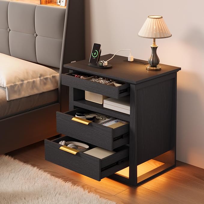 Rresyet 3 Drawer Nightstand with Charging Station & LED Lights & Open Shelf, Modern Night Stand with Storage, Wooden Bedside Table for Bedroom Room, Office (Black) - Image 6