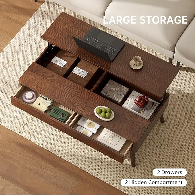 Lift Top Coffee Table,100% Solid Oak Wood Walnut Coffee Table with Drawers and Hidden Compartments, Rectangular Coffee Tables with Storage for Living Room Home Decor (47.24inch)