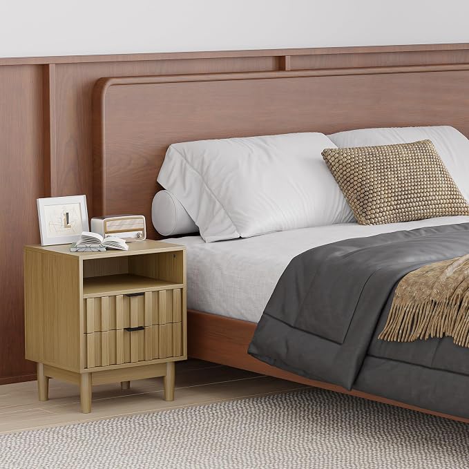 Fluted Nightstand Set of 2 with 2 Drawers, 19" Wide Night Stand with Solid Wood Legs, Open Storage Shelf, Mid Century Modern Wooden Bedside Table for Bedroom, Bed End Side Table, Oak - Image 7