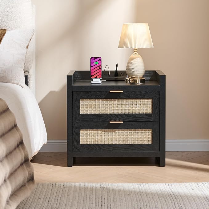 SICOTAS Night Stand Bedside Table - Rattan Nightstand End Table with Type-C Charging Station, 2 Drawers Storage Boho Night Stands for Bedroom - Black Oak by SICOTAS