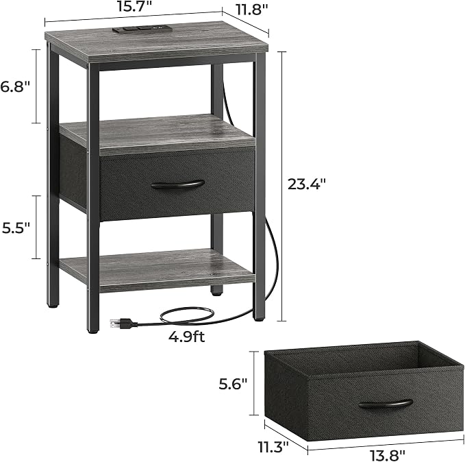 SUPERJARE Nightstand Set of 2, Bed Side Tables with Charging Station, Adjustable Fabric Drawer, Night Stand for Bedroom, 3-Tier Storage End Tables, for Living Room - Charcoal Gray - Image 7