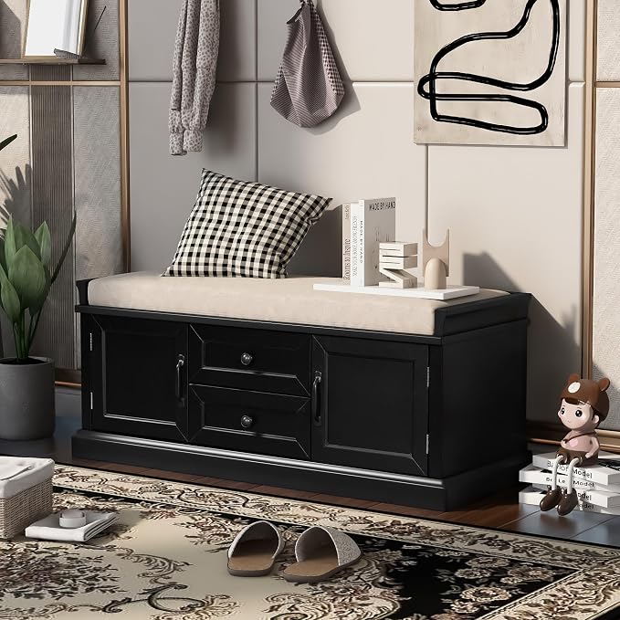 GDFStudio Rustic Storage Bench with 4 Doors 2 Draws Adjustable Shelves Removable Cushion Rectangular Cabinet Foot Rest Stool Solid Wood Shoe Bench Seating for Entryway Living Room, Black by GDFStudio