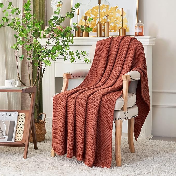 Chunky Cable Knit Throw Blanket Lightweight Rust 100% Organic Cotton Blanket for Sofa Couch Bed Baby Nursery, Rustic Shabby Chic Modern Farmhouse, 60” x 80” Give Laundering Bag