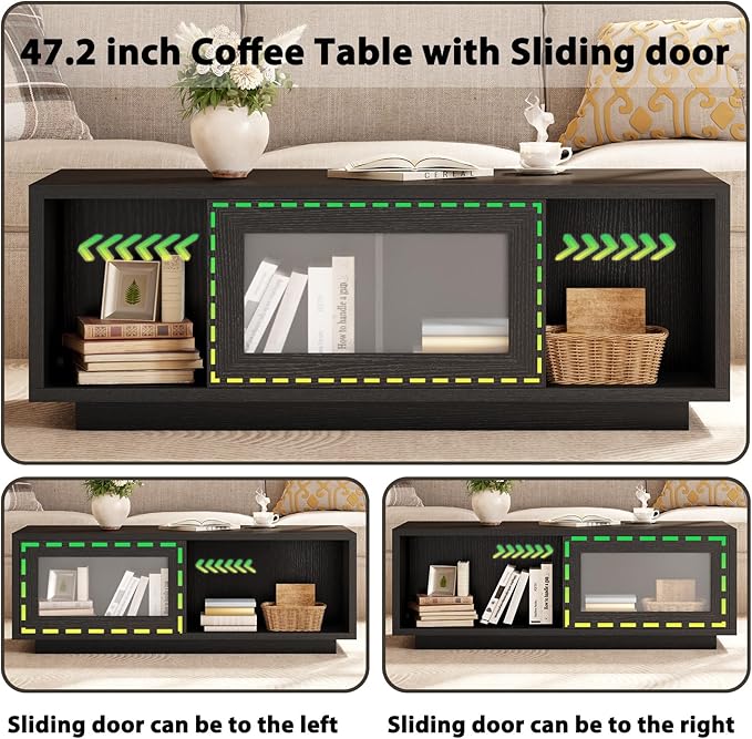 HSH Black Coffee Table, Modern Low Coffee Table for Living Room, Rectangle Coffee Tables with Sliding Door, Large Wood Center Tables with Storage Open Shelf, 47 Inch
