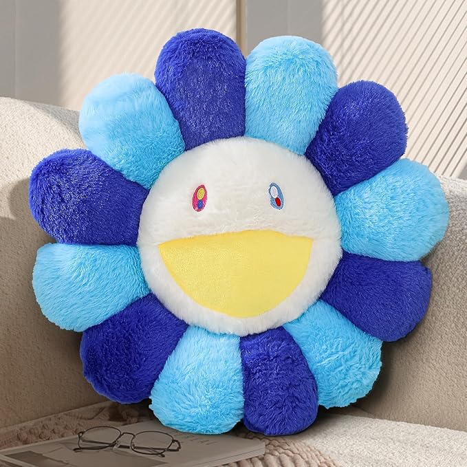 Flower Pillow,Flower Shaped Throw Pillow,Cute Smiley Face Floor Cushion,Colorful Sunflower Plush Pillows,Cute Plushie Room Decor, Decorative Pillows for Bedroom,Sofa,Dorm (Blue,23.6In)