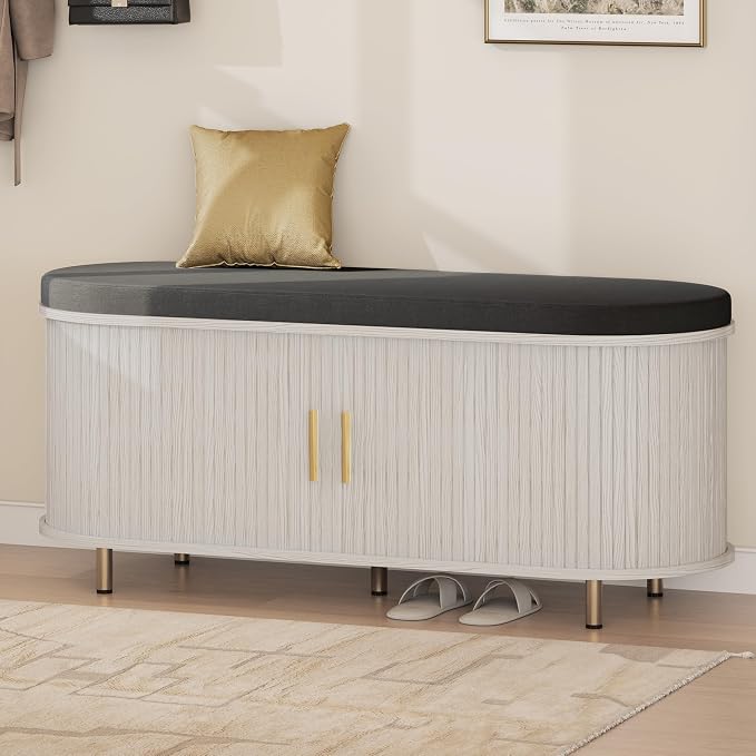 DHH 2-Tier Storage Bench,Wide Shoe Bench with Thickened Padded Seat Cushion, Mid Century Modern Fluted Sliding Door and Adjustable Shelf, for Entryway, Living Room, Bedroom (Grayish White, 43.3“) - Image 3