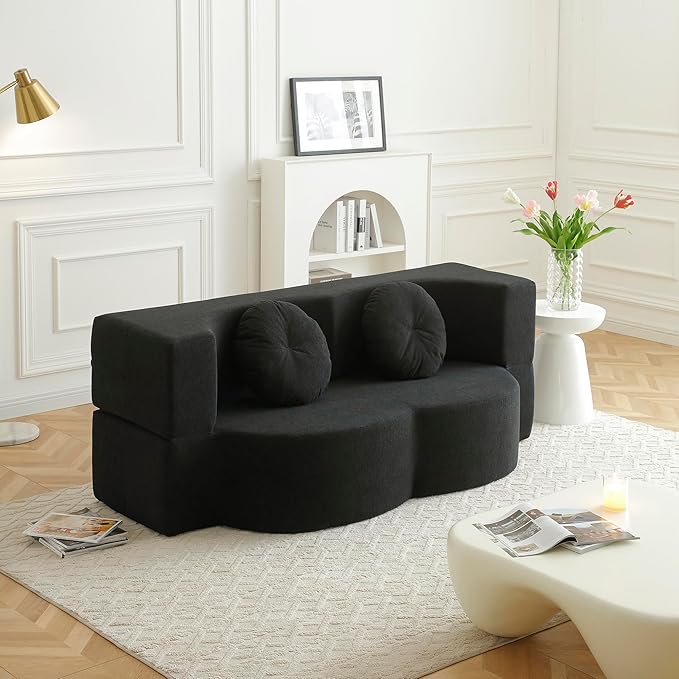 KEIKI 2-in-1 Folding Sofa Bed with Pillow, Queen Sleeper Sofa, Floor & Futon Loveseat Couch, Foam Folding Mattress for Living Room, Guest Use, Office, Apartment, No Assembly Required, Black