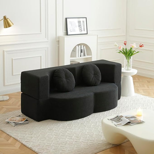 KEIKI 2-in-1 Folding Sofa Bed with Pillow, Queen Sleeper Sofa, Floor & Futon Loveseat Couch, Foam Folding Mattress for Living Room, Guest Use, Office, Apartment, No Assembly Required, Black