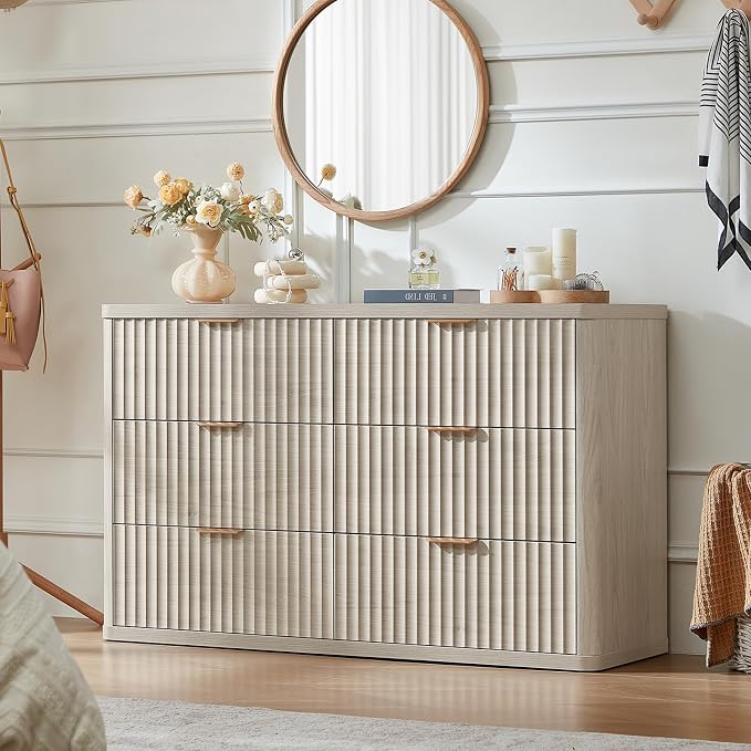 LEYAOYAO Fluted 6 Drawers Dresser Set of 2, 48" Wide Modern Chest of Drawers with Metal Handle, Light Grey Curved Profile Dresser TV Stand, Wooden Drawer Organizer for Bedroom, Living Room, Hallway - Image 7