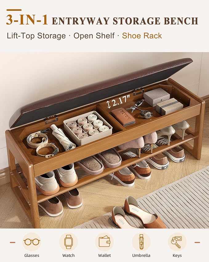 Shoe Rack Bench with Hidden Storage, 2-Tier Solid Rubberwood Entryway Bench with Soft Leather Cushioned Seat & Flip-Top Storage, 330lbs Capacity, Wooden Shoe Organizer for Hallway, Closet, Foyer - Image 6