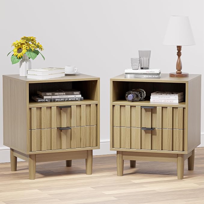 Fluted Nightstand Set of 2 with 2 Drawers, 19" Wide Night Stand with Solid Wood Legs, Open Storage Shelf, Mid Century Modern Wooden Bedside Table for Bedroom, Bed End Side Table, Oak by HOCAT