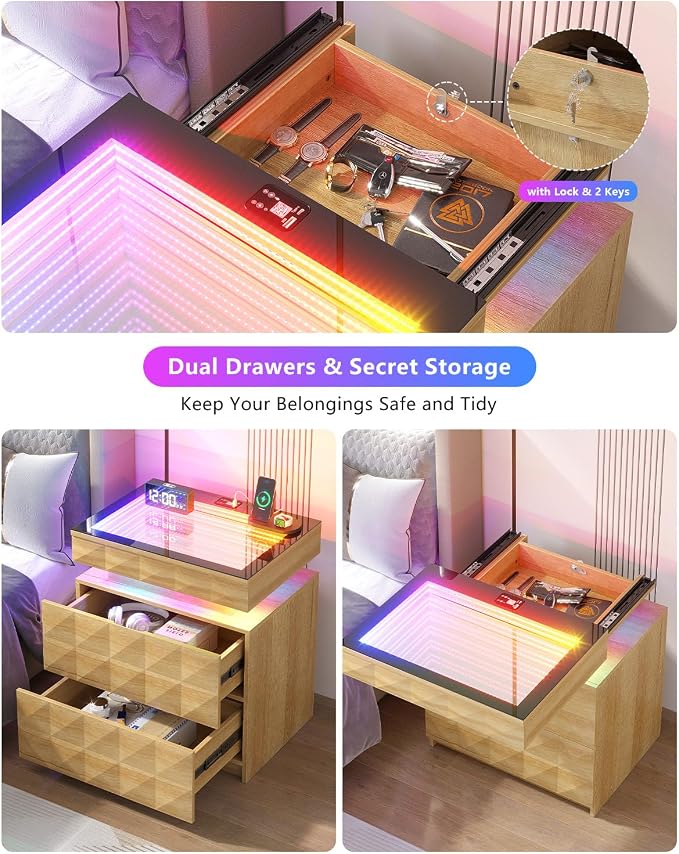 Dystler Night Stand with Charging Station and RGB Lights, LED Nightstand with Tempered Glass and Sliding Top, 3 Drawers Bedside Table with Hidden Storage, Lockable End Side Table for Bedroom, Wood - Image 6