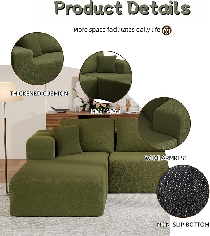 Cloud Sectional Couch, 105” Fluffy Modular L-Shape Sofa with Right Chaise Lounge, Modular Sectional Sofa in a Box, Boneless Couch for Living Room, No Assembly Required, Wool Green