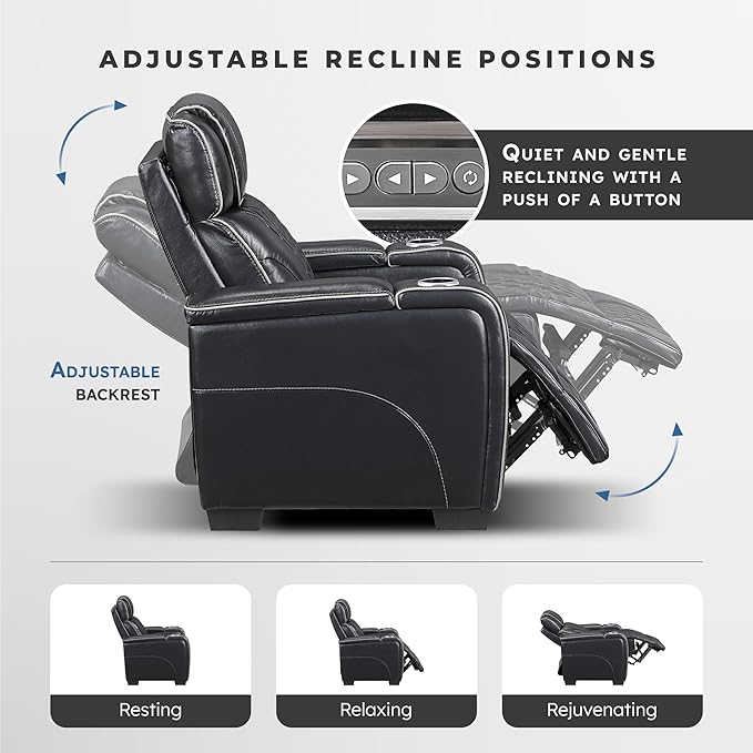 Lexicon Power Double Reclining Sofa, Center Drop-Down Table with Heat/Massage/Headrest/Storage Arms/Cup Holders/LED Lights/Wireless Charging, Top Grain Leather Match Wall Hugger Recliner Sofa, Black
