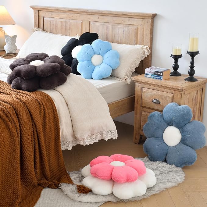 Flower Shaped Pillow, Cute Decorative Throw Pillows with Soft Artificial Rabbit Fur for Couch Bed Chair Floor, Christmas Pillow Seating Cushions with Room Décor for Bedroom (19.6 Inches, Rose Pink)