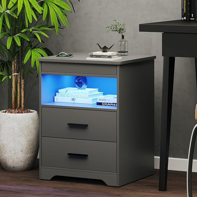 Nightstand with Gun Drawer, Charging Bedside Table with USB & Type-C Port, LED Night Stand with Human Sensor Light, Modern End Table with Drawers for Bedroom Office, Grey - Image 7