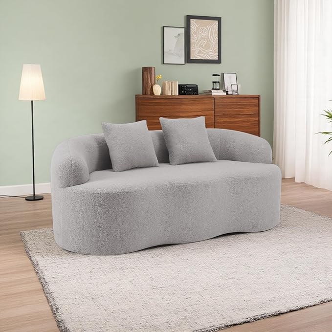 Curved Compression Sofa, Modern Loveseat Couch with Rounded Armrests & 2 Coordinating Pillows, 67'' Polyester 2 Seater Sofa for Small Living Room, Bedroom and Offices, No Assembly, Grey