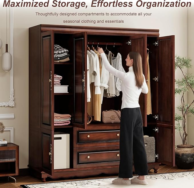 Solid Wood Cherry Red Armoire Wardrobe Closet: 4 Door Solid Wood Wardrobe Cabinet with 2 Drawers, Armoire Closet with Hanging Rods Storing Clothes for Bedroom