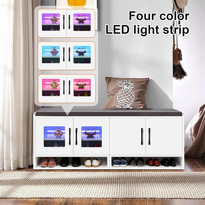 Shoe Bench with Thickened Cushion,Entrance Bench with Glass Door and Ambient Light,Three-Layer Shoe Rack,Color Changing Light Strip, Two Large Storage Spaces,Living Room,Bedroom,White - Image 7