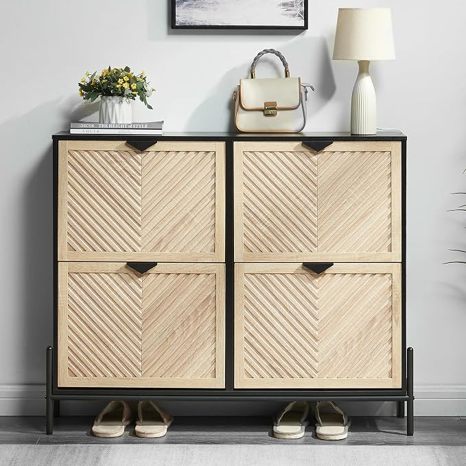 Shoe Cabinet Storage with 4 Flip Drawers, Narrow Hidden Shoes Organizer Cabinet for Entryway, Freestanding Slim Shoe Rack Front Door Entrance(Oak&Black) - Image 7