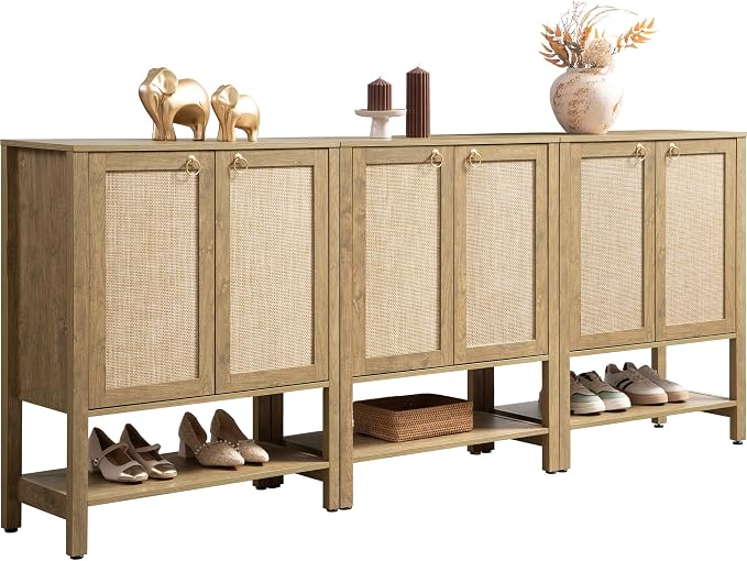 SICOTAS Shoe Cabinet with Storage - 3 Pieces Farmhouse Boho Shoe Organizer with Rattan Doors & Shelves, 5 Tier Free Standing Shoe Rack Storage Cabinet for Entryway, Living Room, Closet (Carbon Cherry) by SICOTAS