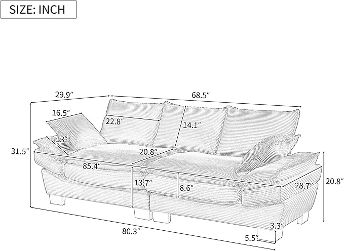 Merax 85.4" Modern Curved Corduroy Fabric Sofa, Back Upholstered Couch with 2 Decorative Throw Pillows for Living Room, Bedroom, Apartment, Dark Green
