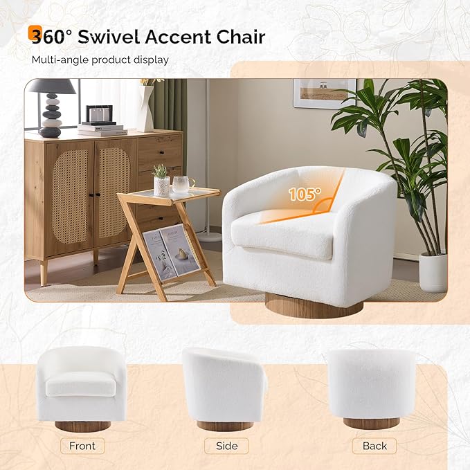 VINGLI 360°Swivel Accent Chairs Set of 2 with Engineered Wood Base and Removable Cushion for Living Room, Bedroom, Curved Back Barrel Chairs for Small Space, Upholstered Bucket Armchairs, Teddy White
