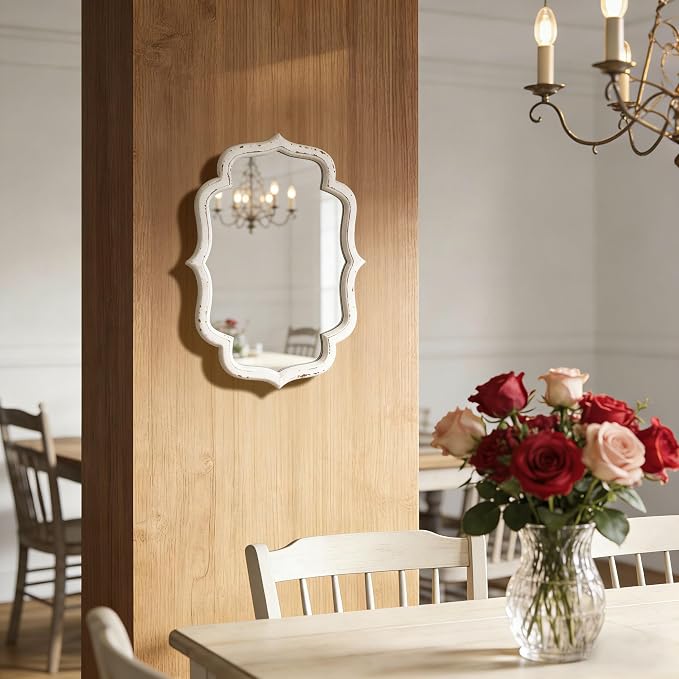 Vintage Small Scalloped Wall Mirror Decorative 16" x 12", Hanging Rustic Distressed White Bathroom Mirrors for Vanity, Farmhouse Wood Quatrefoil Wall Mounted Mirror for Living Room - Image 4
